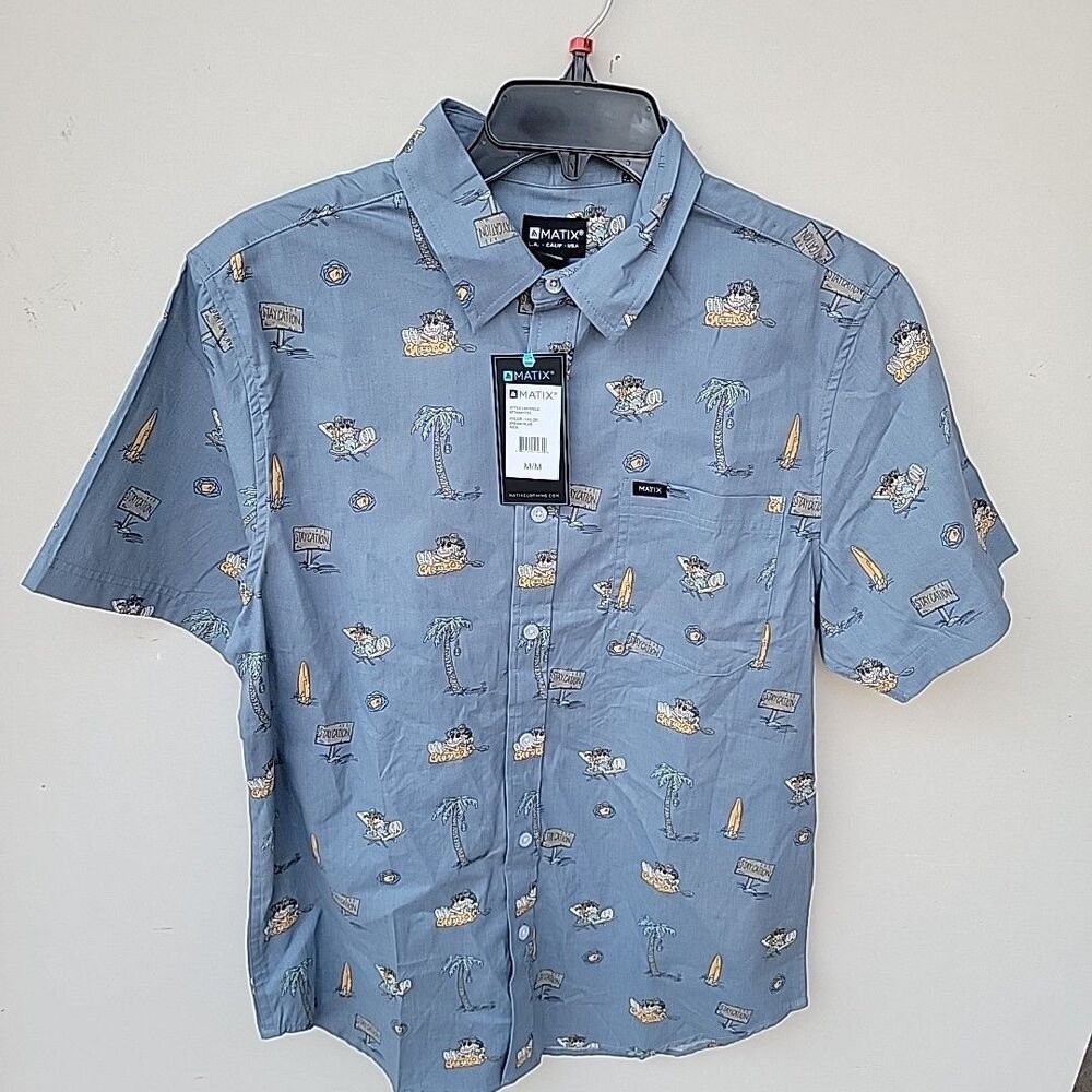 Matix Modelo Size Large Dream Blue Beach Print Men Short Sleeve Button Up Shirt